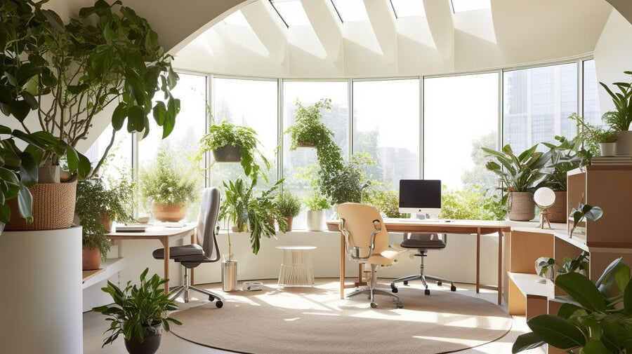 vibrant office with many potted plants and bright windows and computer chairs and table - Plant Studio