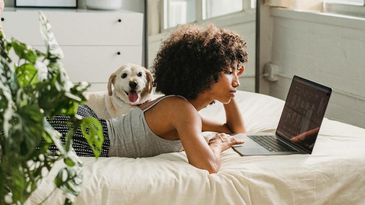 dog with woman on bed using laptop with plants in surrounding - Plant Studio