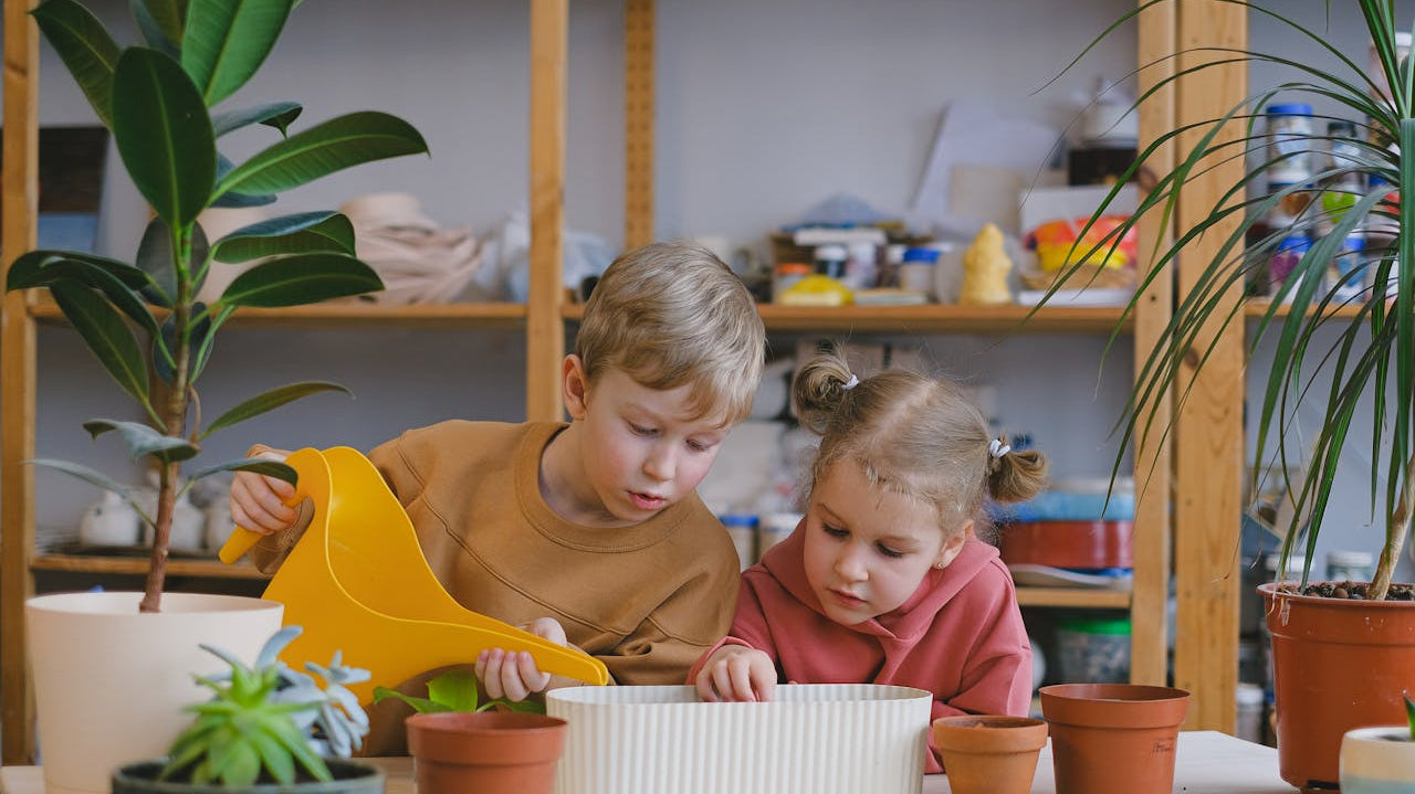 two children planting and watering plant - Plant Studio