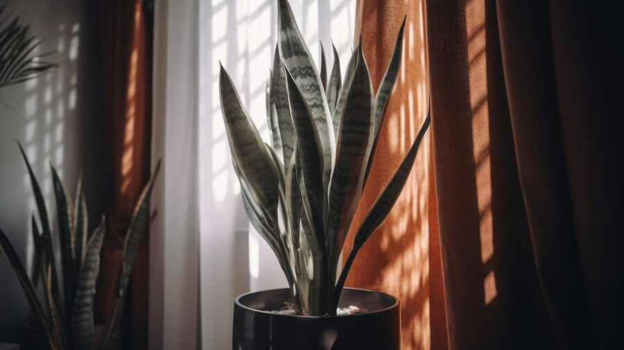 snake plant in gray pot placed near the window with low light - Plant Studio