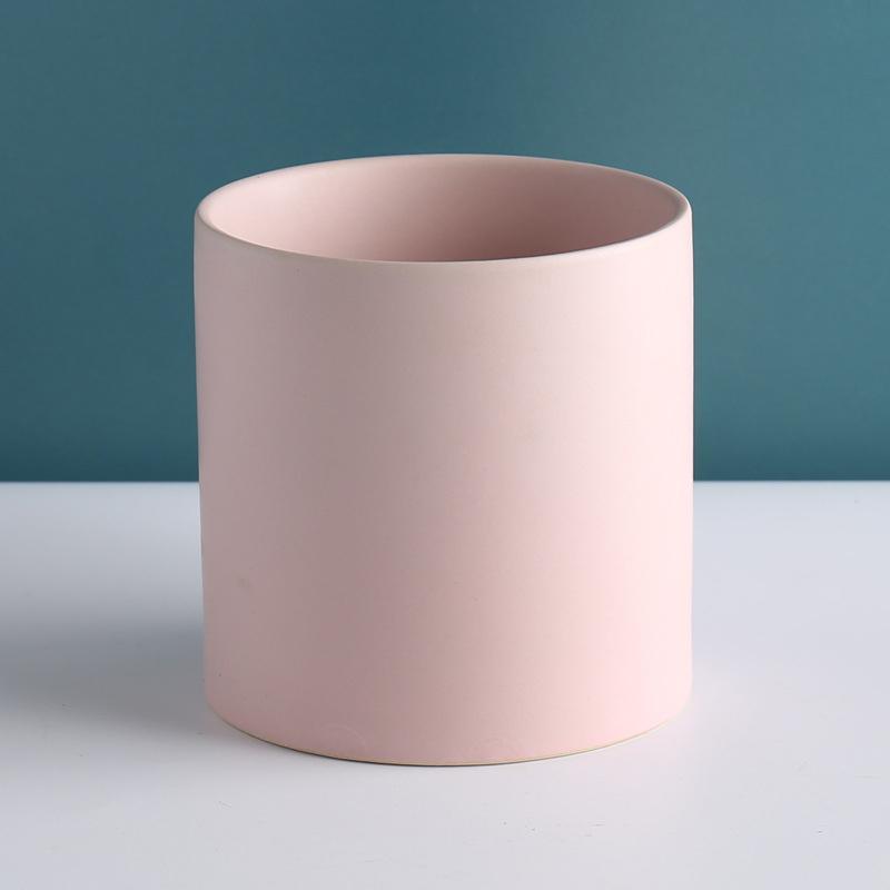 baby pink cylinder pot placed on white table with teal background - Plant Studio